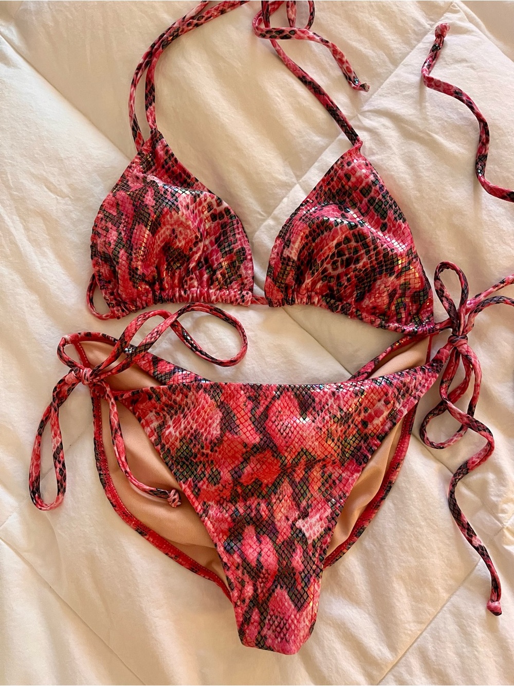 Doll Medium Pink Snake-Print Tie-Side Bikini Set